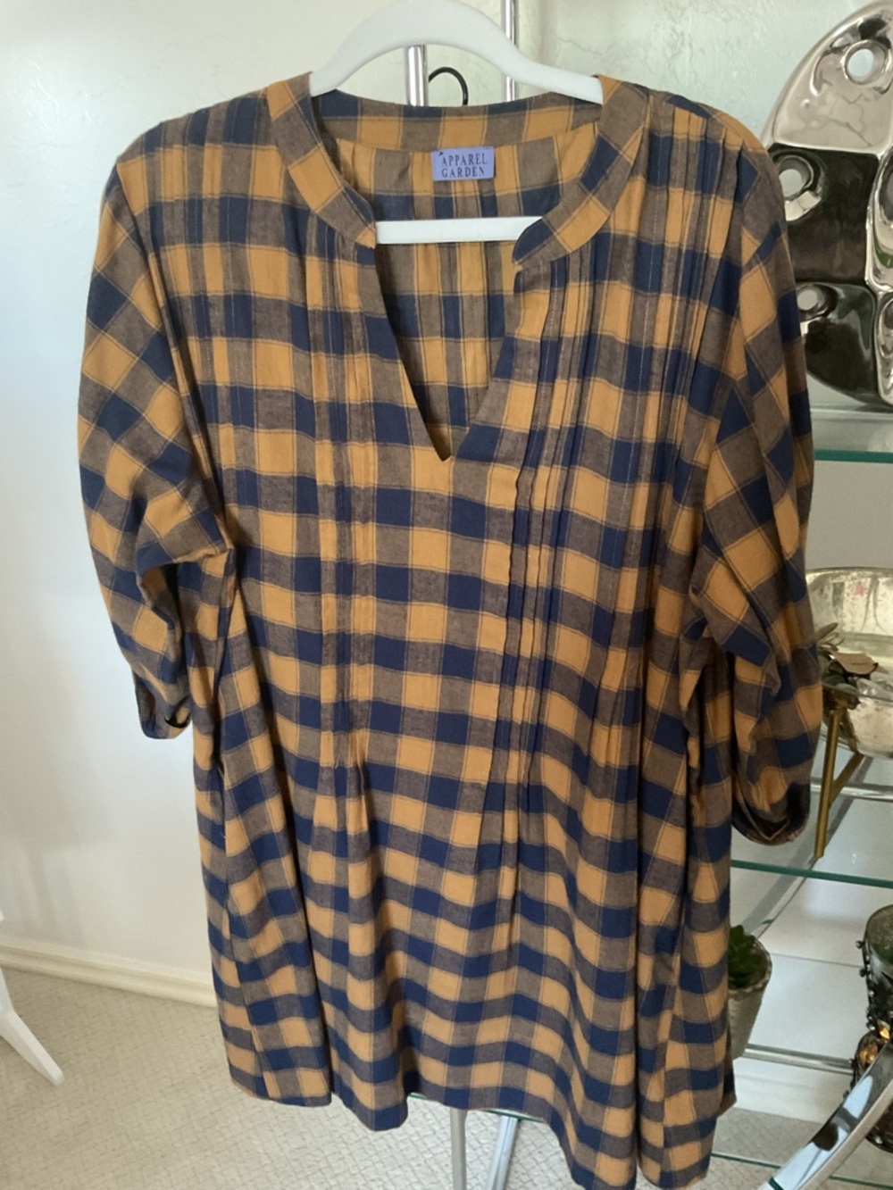 Apparel Garden Plaid pullover tunic. Mustard and navy plaid. Lots of tucking.